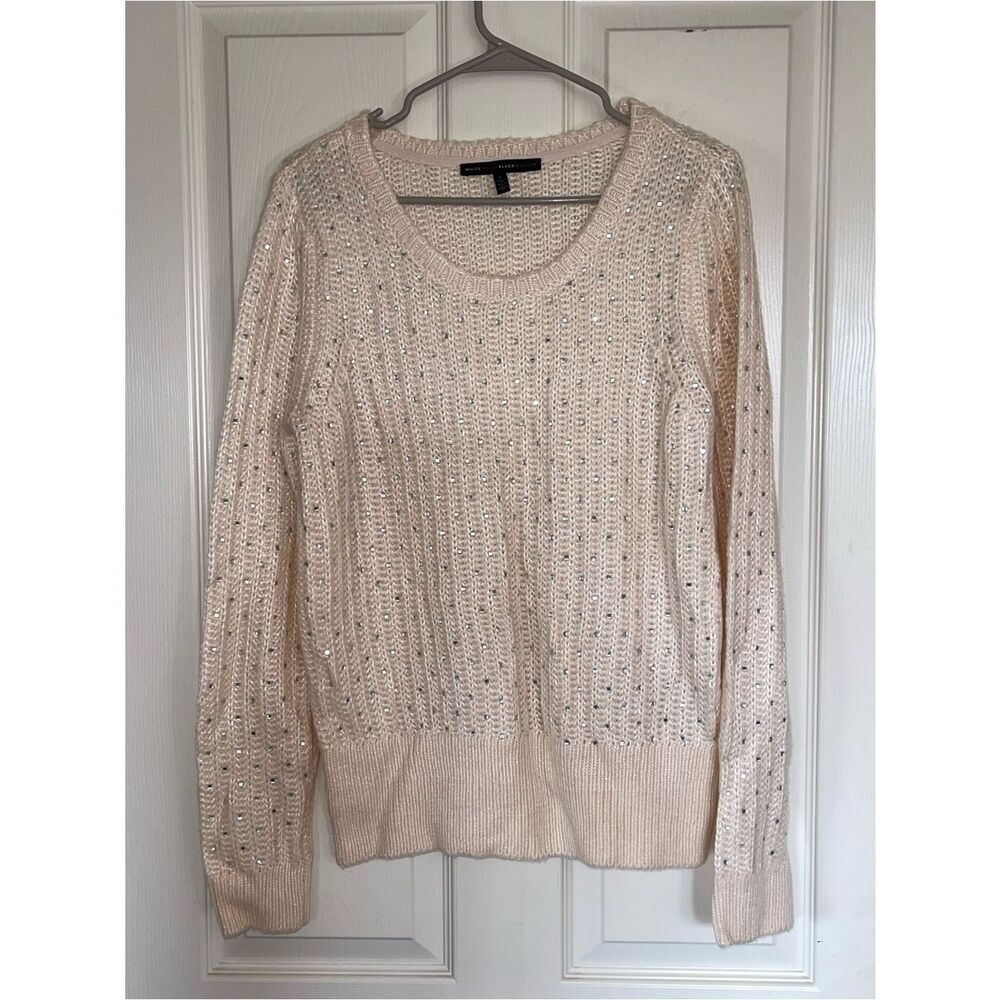 White House black market wool blend knit rhinestone sweater size L